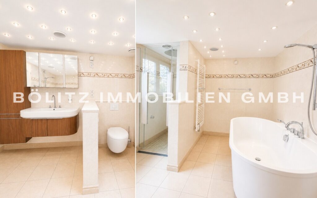 Badezimmer mit Walkin-Dusche und Badezimmer im Untergeschoss (mit KI bearbeitet)